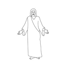 Standing Jesus Christ with arms open line art. The Lord and Savior concept. Christianity religion. Christian design. Church worship. Christmas and Easter holiday linear icon - Vector illustration.