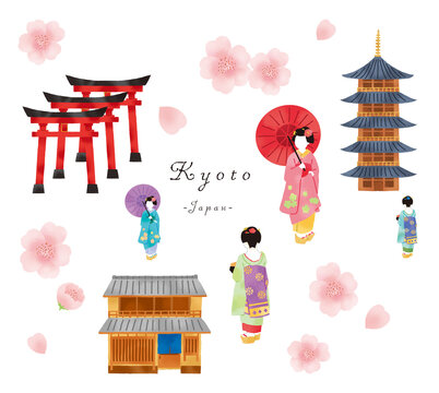 舞妓さんと京都の町家とお寺のセットイラスト Ilustracion De Stock Adobe Stock