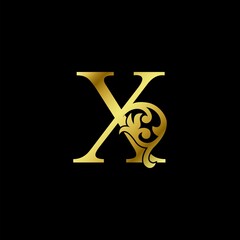 Gold Luxury Letter X Ornament Logo. Alphabet monogram gold floral deco ornate initial letter design