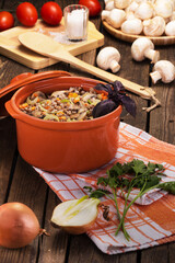 delicious delicious and beautiful buckwheat porridge with mushrooms baked in the oven