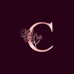 Gold Rose Flower Letter C Luxury Logo. Elegant alphabet monogram nature floral ornate initial letter design