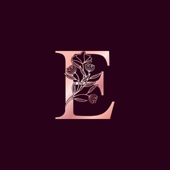 Gold Rose Flower Letter E Luxury Logo. Elegant alphabet monogram nature floral ornate initial letter design