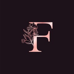 Gold Rose Flower Letter F Luxury Logo. Elegant alphabet monogram nature floral ornate initial letter design