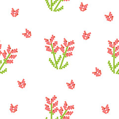 Pink flowers seamless pattern cross stitch style