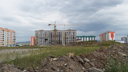 Apartment buildings under construction. New residential area. Modern architecture. Ust-Kamenogorsk (Kazakhstan)