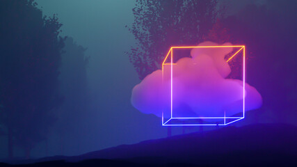 Forest landscape cyberpunk style 3d render, Fantasy universe and space cloud background