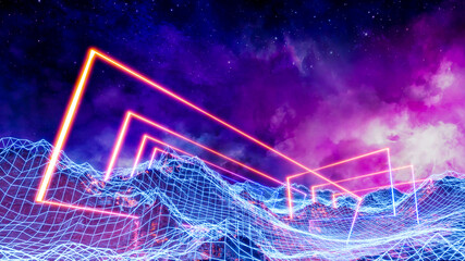 Sci fi virtual reality landscape cyberpunk style 3d render, Fantasy universe and space cloud background