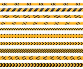 Yellow and black caution tapes, seamless borders set isolated on white