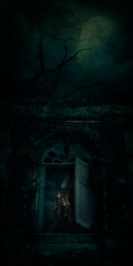 Scary halloween witch standing over ancient castle window, full moon with spooky cloudy sky, Halloween mystery concept