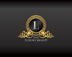Gold Luxury Brand Letter L Elegant Logo Badge. Golden Letter Initial Crest, Wreath and Crown Monogram Design Vector.