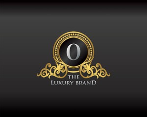 Gold Luxury Brand Letter O Elegant Logo Badge. Golden Letter Initial Crest, Wreath and Crown Monogram Design Vector.