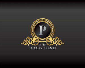 Gold Luxury Brand Letter P Elegant Logo Badge. Golden Letter Initial Crest, Wreath and Crown Monogram Design Vector.