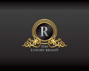 Gold Luxury Brand Letter R Elegant Logo Badge. Golden Letter Initial Crest, Wreath and Crown Monogram Design Vector.