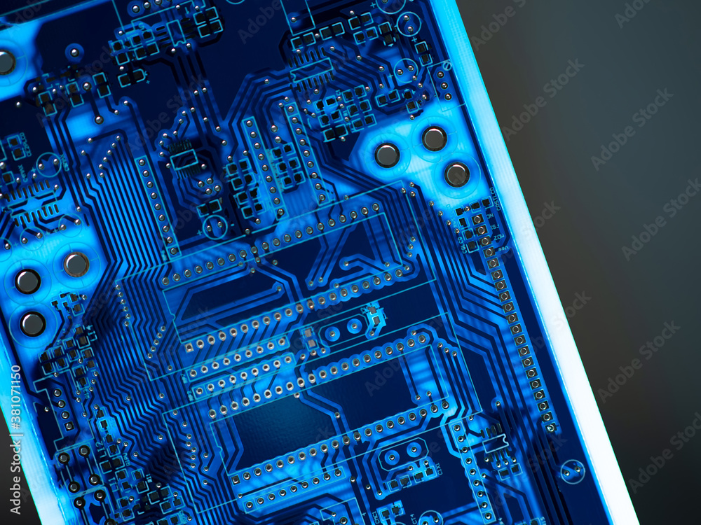 Poster close up view of blue dev board. electronic circuit board on a dark background. pcb board glows in t
