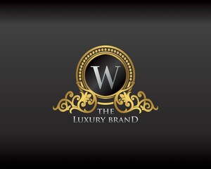 Fototapeta na wymiar Gold Luxury Brand Letter W Elegant Logo Badge. Golden Letter Initial Crest, Wreath and Crown Monogram Design Vector.