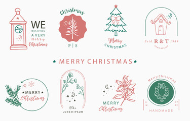 Christmas logo collection with Christmas tree, snowman,wreath,house.Vector illustration for icon,logo,sticker,printable and tattoo