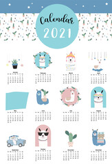 Cute animal calendar 2021 with llama, alpaca, cactus for children, kid, baby.Can be used for printable graphic.Editable elemen