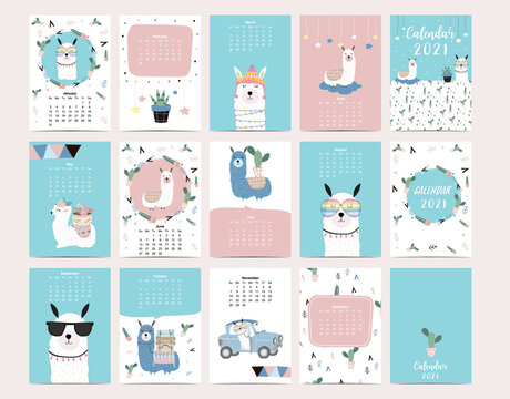 Cute Animal Calendar 2021 With Llama, Alpaca, Cactus For Children, Kid, Baby.Can Be Used For Printable Graphic.Editable Elemen