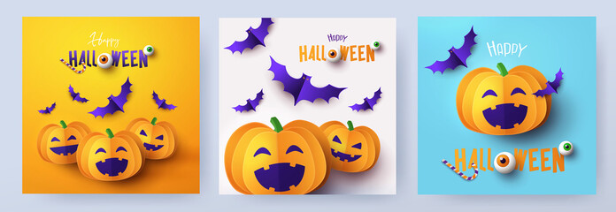 Halloween Party invitations, greeting cards, or posters Set with Holiday calligraphy, cutest pumpkins and bats. Design template for advertising, web, social media. Paper cut style