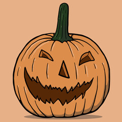 Pumpkin on light background. The main symbol of the Happy Halloween holiday. Orange pumpkin with smile for your design for the holiday Halloween. Vector illustration.