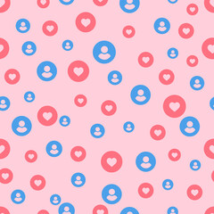 Likes for blogger seamless pattern. Red hearts and blue avatars on pink background social audience ad marketing content optimization viral vector blogging mobile network search.