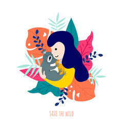 Girl with koala on her heands with tropical leaves on white background. Save the wild. Save koalas from forest fire in Australia. Flat vector illustration