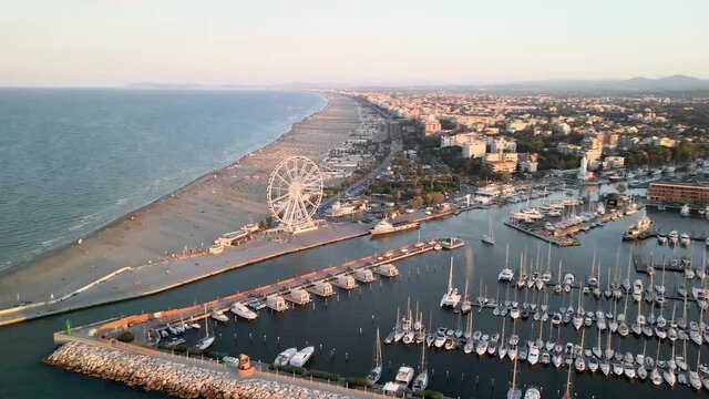 Aerial view of Rimini Port and Docked Boats in summer season, Italy