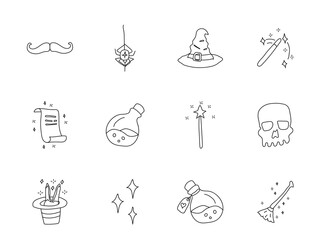 magic hand drawn linear vector icons isolated on white background. magic doodle icon set for web and ui design, mobile apps and print products