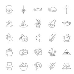 magic hand drawn linear doodles isolated on white background.magic icon set for web and ui design, mobile apps and print products