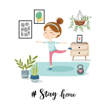 Stay home concept.  Woman doing workout at home to avoid corona virus spreading.