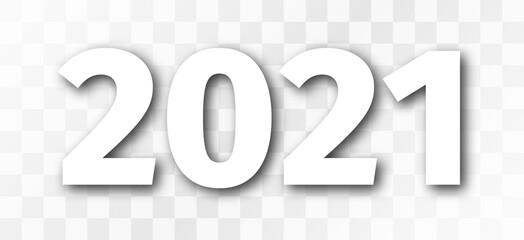 Number 2021. New 2021 year headline. White isolated numbers with transparent shadow on checkered background - obrazy, fototapety, plakaty