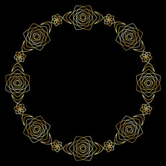 Floral round gold frame with roses. Festive banner. Vector illustration EPS10