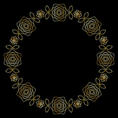 Floral round gold frame with roses. Festive banner. Vector illustration EPS10