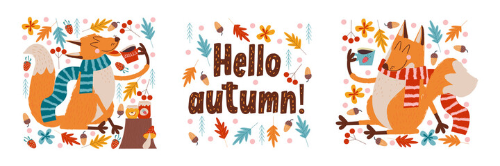 Hello, autumn. Cute foxes drink tea.