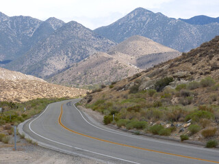 Curved road in Death Valley National Park, USA. Yellow line and desert hills. Symbol of journey, roadtrip and freedom