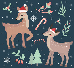 Merry christmas postcard. Cute fawn in the winter forest set of objects. Collection of design elements with a little deer in a hat of Santa Claus, snowflakes and a Christmas tree. Vector illustration