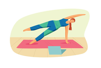 Color vector illustration in flat style isolated on white background. Template for yoga studio. The girl practices yoga on the mat. Young woman exercising at home online