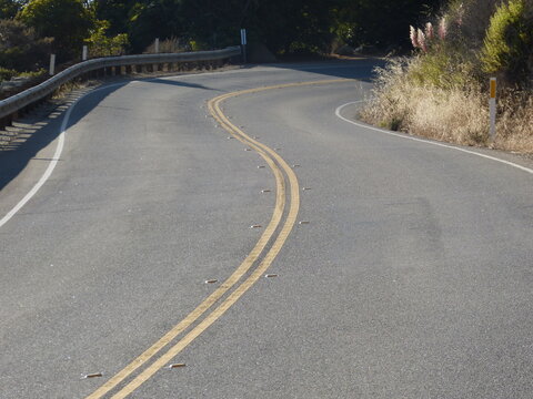 Curved road in the USA. Yellow line, forest hills in America. Symbol of journey, roadtrip and freedom