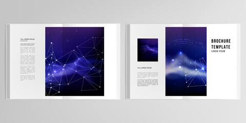 3d realistic vector layout of cover mockup templates for A4 bifold brochure, flyer, cover design, book design, magazine, brochure cover. Digital data visualization, polygonal science dark background.