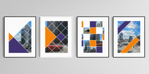 Realistic vector set of picture frames in A4 format isolated on gray background. Abstract design project in geometric style with squares and place for a photo.