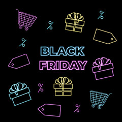 Neon advertisement to Black Friday sale with gift boxes and shopping carts. Shopping banner