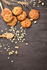 Oatmeal cookies and milk on a background with place for text. Healthy breakfast concept.