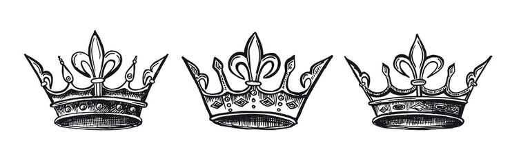Crowns set, hand drawn illustrations. Vector.	