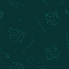 cartoon blowfish on dark green background seamless pattern, hand drawn thin lines silhouettes, editable vector illustration