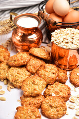 Oatmeal cookies and milk on a background with place for text. Healthy breakfast concept.