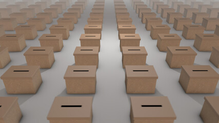 Ballot boxes - 3d illustration of infinite array stretching to the horizon, voting in an election. - 381076925