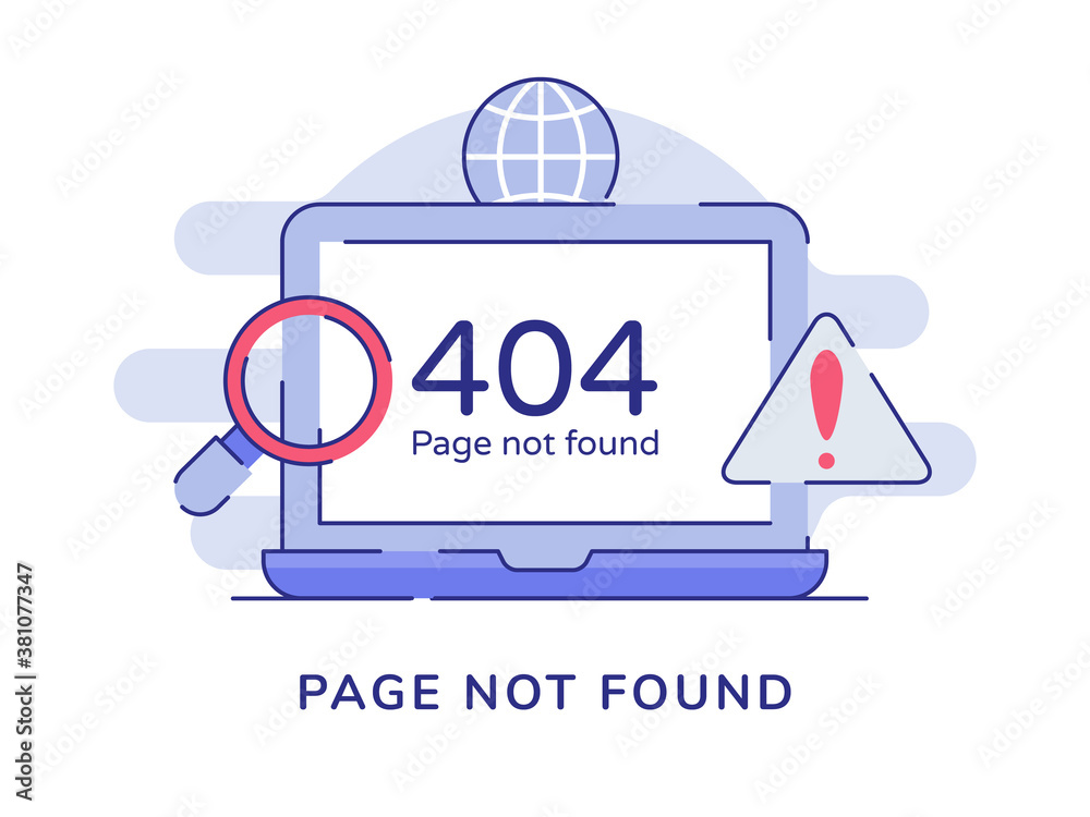 Wall mural page not found warning 404 number on display laptop screen white isolated background with flat outli