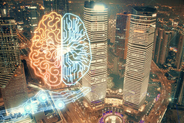 Brain hologram drawing on city scape background Double exposure. Brainstorming concept.