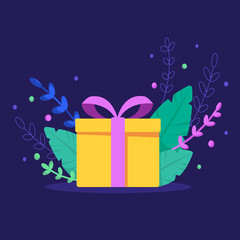 Bright yellow gift box with pink bow on dark blue background with leaves. Vector illustration, flat style.