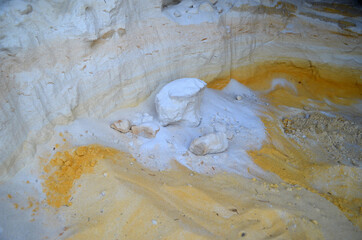 Layers of colored sand. Snow white quartz sand. Shore of Blue Lake in the Chernigow region, Ukraine.Former quarry of quartz sand for glass production.Popular local resort at present